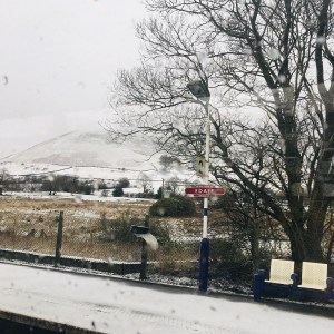 The snowy platform at Edale Station, in the Peak District.