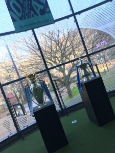 The FA Cup and Premier League Trophies, on display at the National Football Museum in Manchester.
