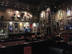 Pictures and memorabilia, on the walls at the Hard Rock Cafe in Manchester. 