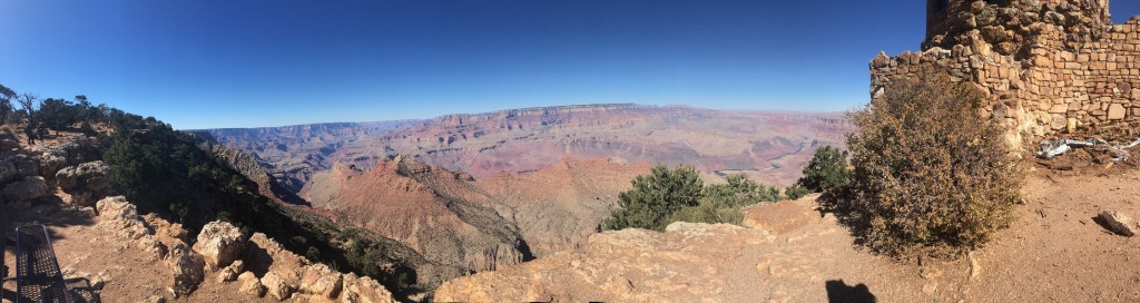 A panorama picture showing the rocks and the formation of the Grand Canyon.